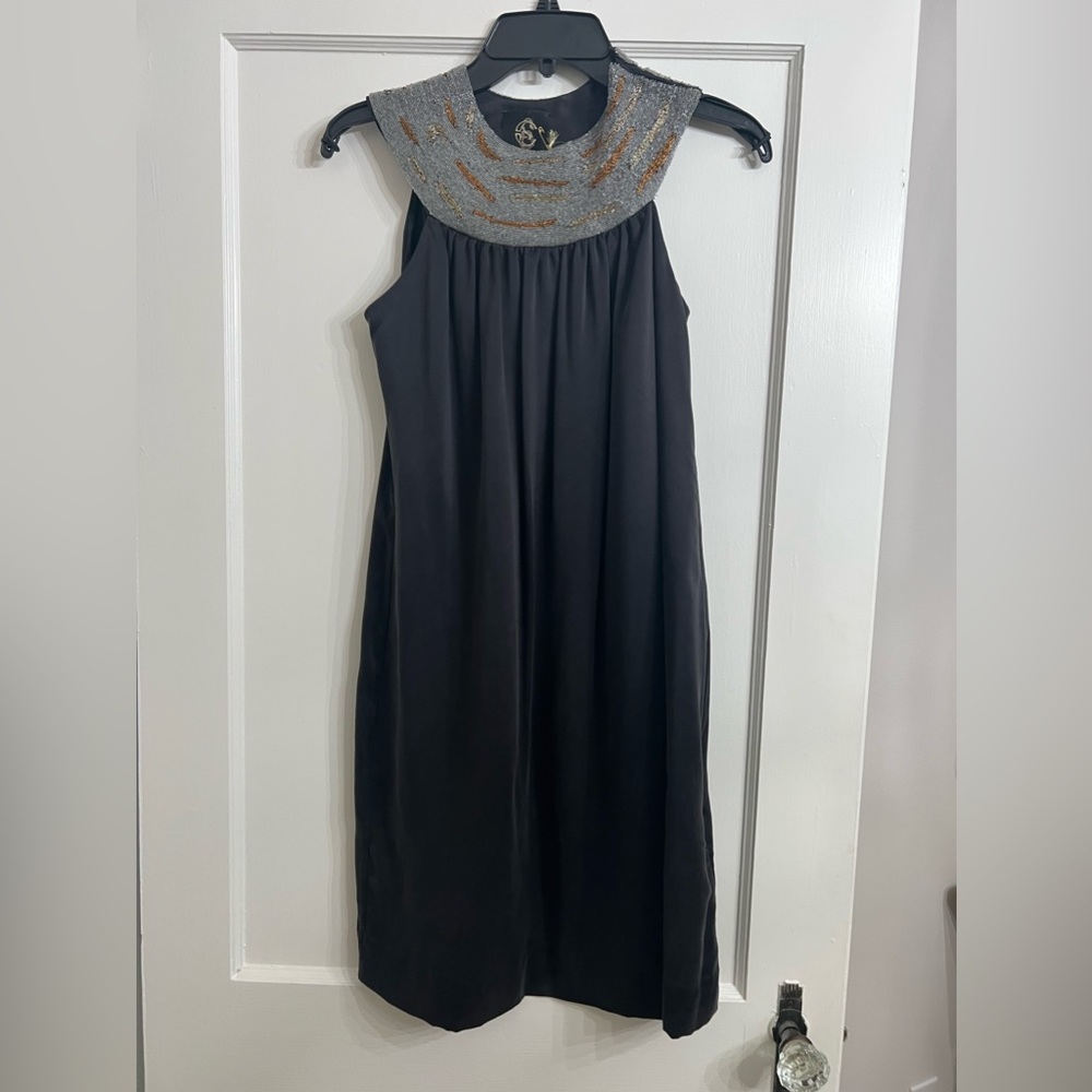 Castle starr  black beaded collar silk dress size 2 NWT